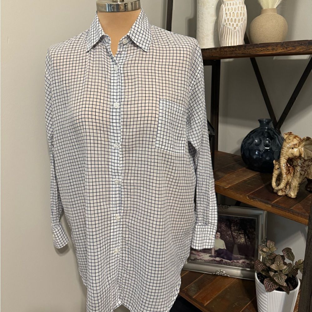 Koch Plaid Sheer Shirt Women Long Sleeve Women’s SIZE XS White Blue